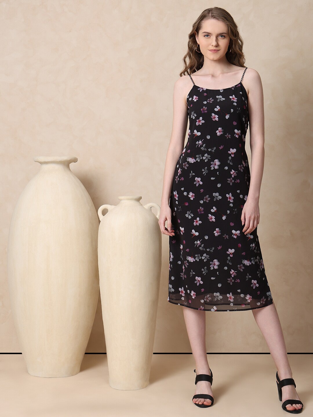 

MISH Floral Print Georgette A-Line Dress, Black