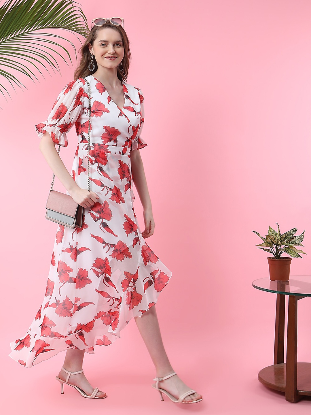

MISH Floral Print Flutter Sleeve Chiffon Fit & Flare Midi Dress, White