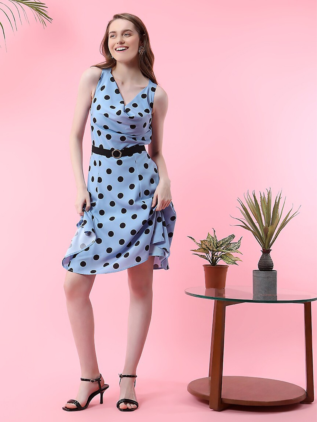 

MISH Polka Dot Print Cowl Neck Belted Crepe A-Line Dress, Blue