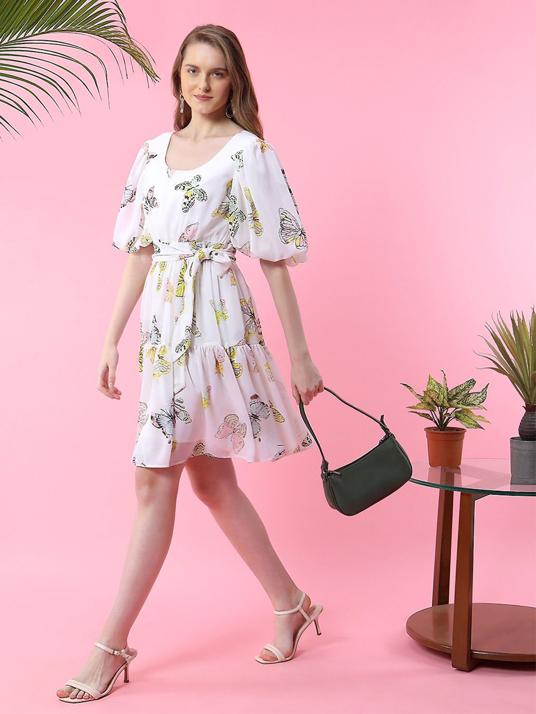 

MISH Floral Print Flared Sleeve Georgette Fit & Flare Dress, Off white