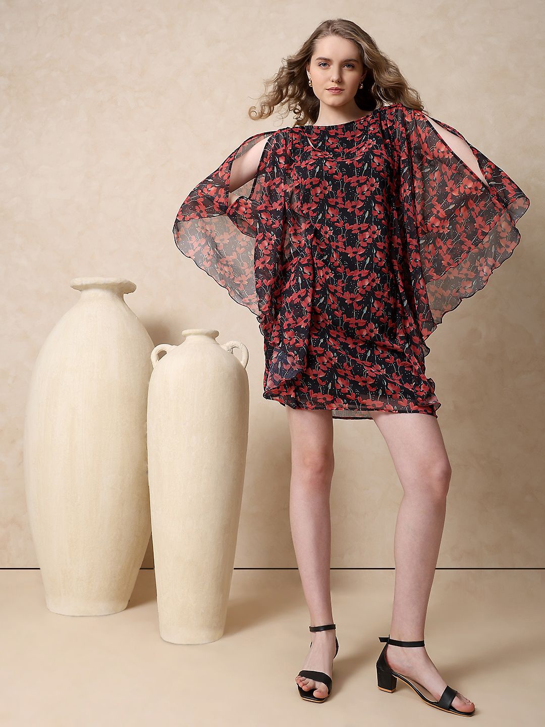 

MISH Floral Print Boat Neck Cape Sleeves Chiffon A-Line Dress, Black