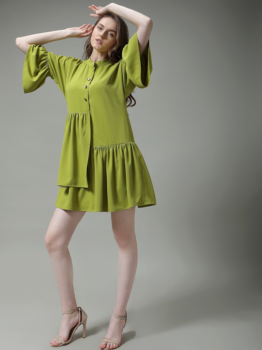 

MISH Mandarin Collar Bell Sleeves Layered A-Line Dress, Green