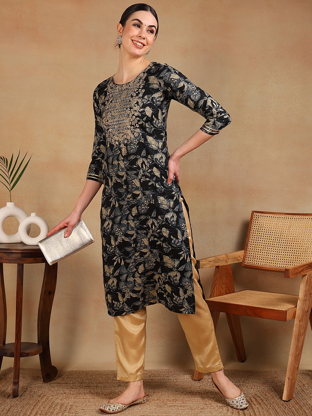 

KALINI Round Neck Floral Yoke Design Straight Kurta, Navy blue