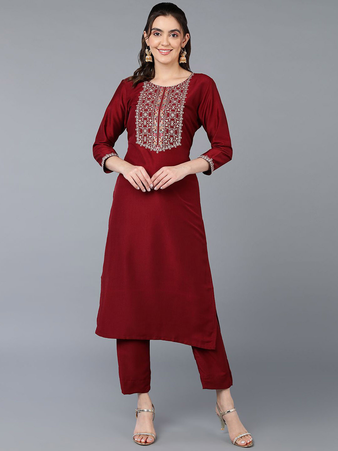 

KALINI Round Neck Yoke Design Thread Work Kurta, Maroon