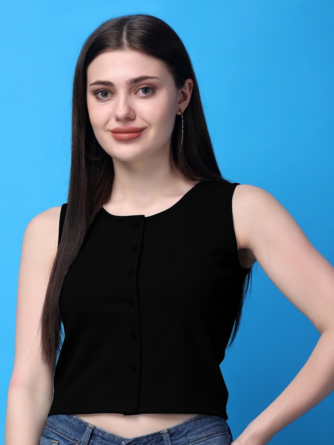 

Bitterlime Round Neck Sleeveless Cotton Crop Top, Black