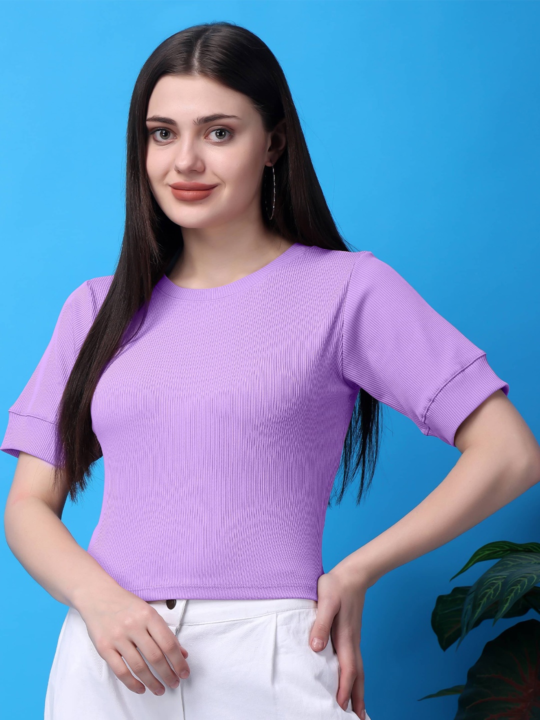 

Bitterlime Round Neck Solid Cotton Top, Lavender