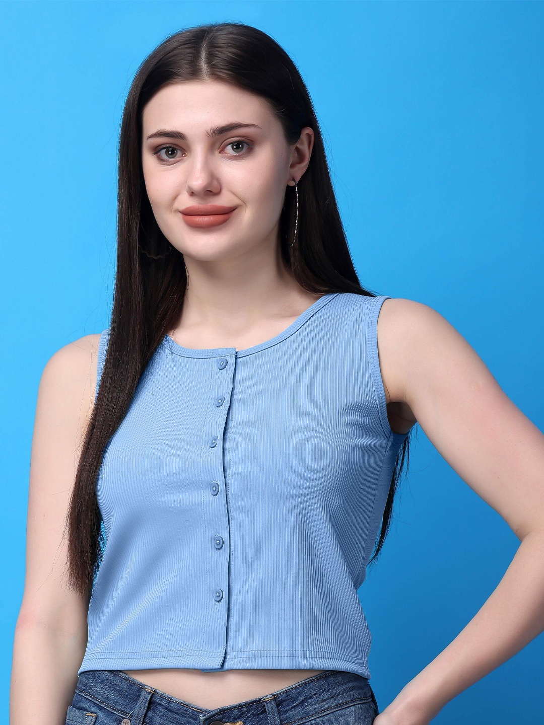 

Bitterlime Round Neck Cotton Crop Top, Blue