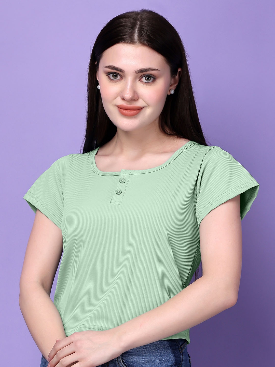 

Bitterlime Round Neck Cotton Top, Green