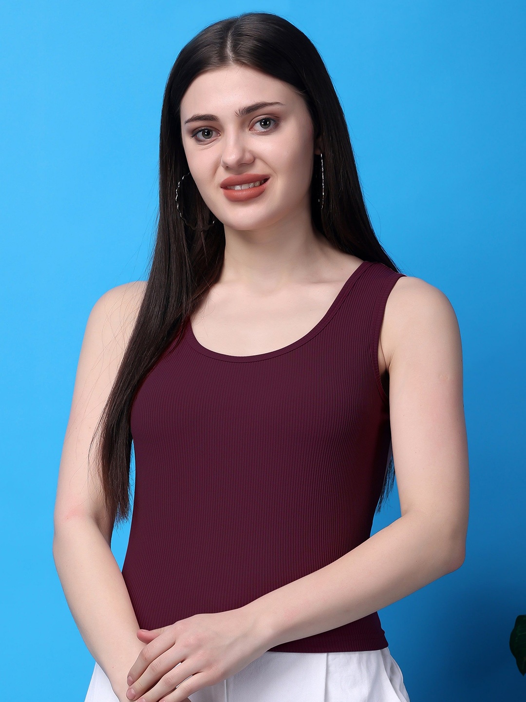 

Bitterlime Round Neck Sleeveless Solid Cotton Top, Burgundy