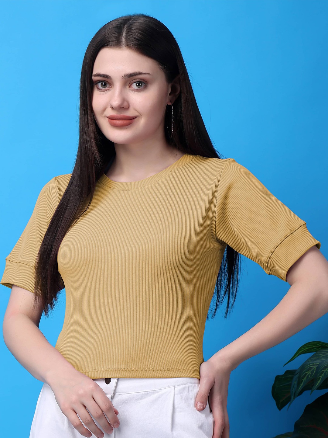 

Bitterlime Round Neck Cotton Solid Top, Beige