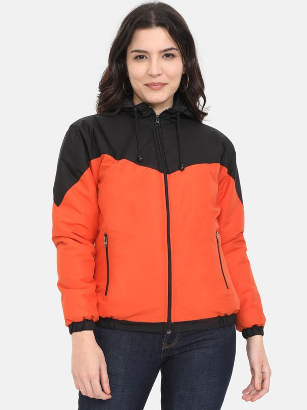 

Plutus Hooded Colourblocked Open Front Jacket, Orange