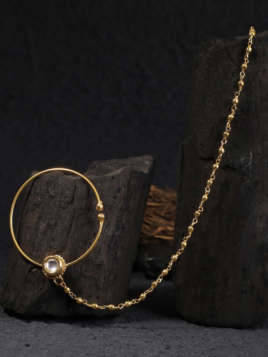 

Adwitiya Collection Gold-Plated Artificial Stones and Beads Chained Nosepin