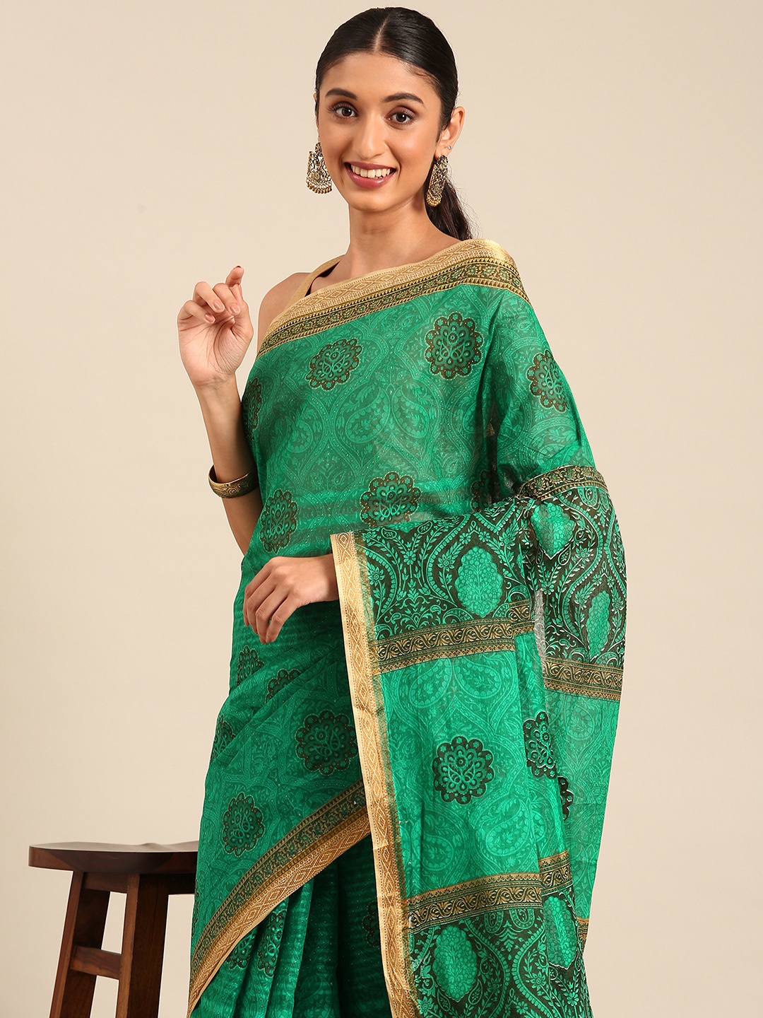 

SHANVIKA Paisley Printed Zari Pure Cotton Saree, Green