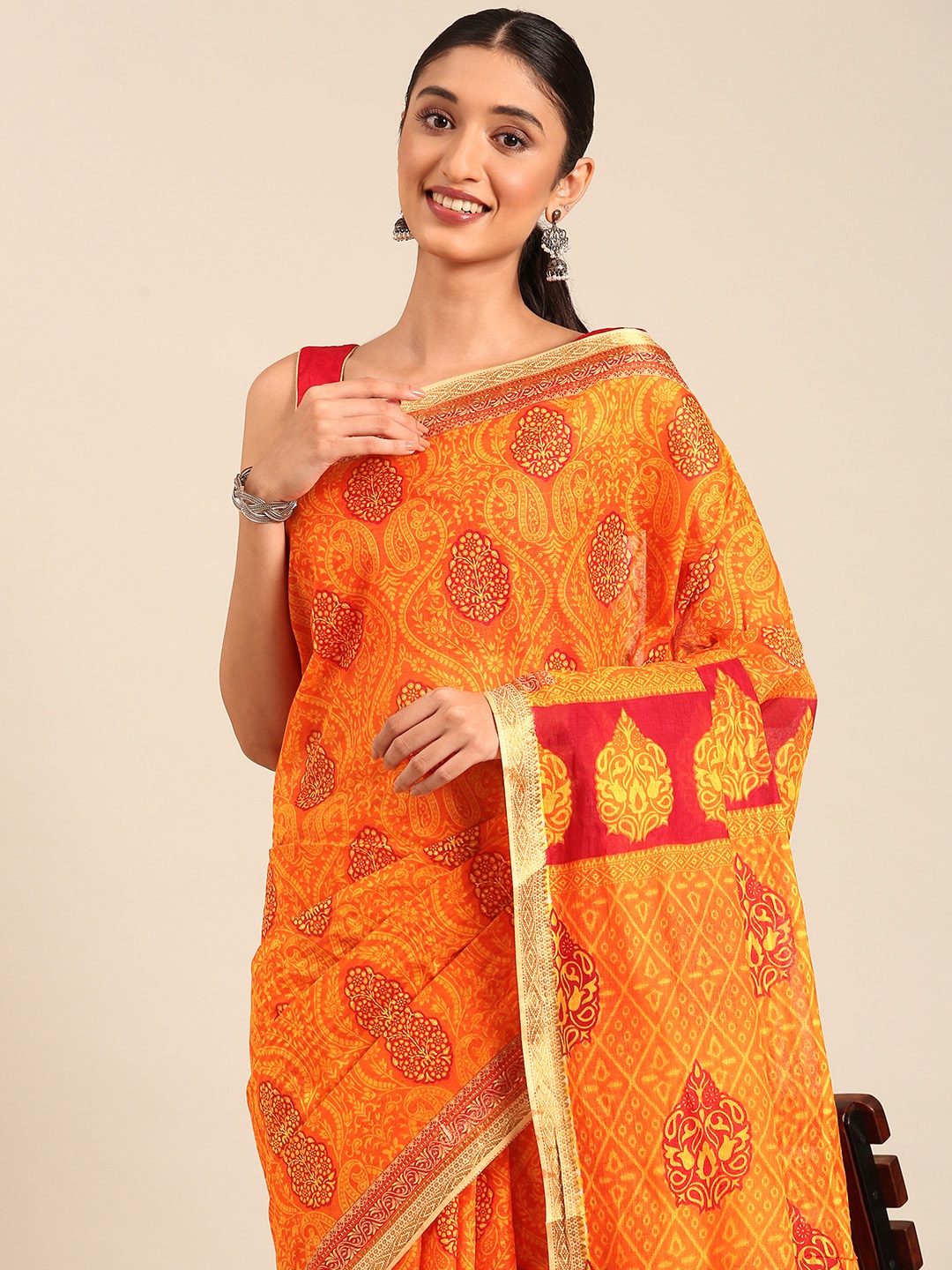 

SHANVIKA Ethnic Motifs Printed Zari Pure Cotton Saree, Orange