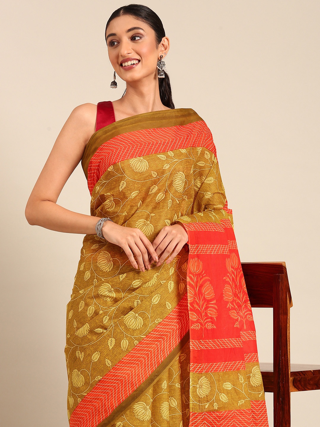 

SHANVIKA Floral Printed Pure Cotton Saree, Mustard