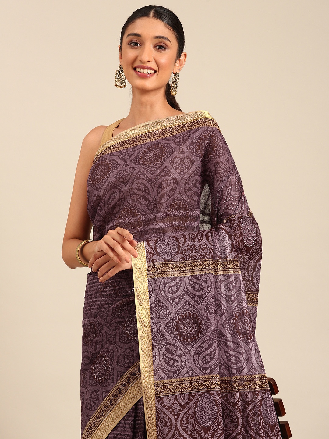 

SHANVIKA Paisley Printed Zari Pure Cotton Saree, Purple