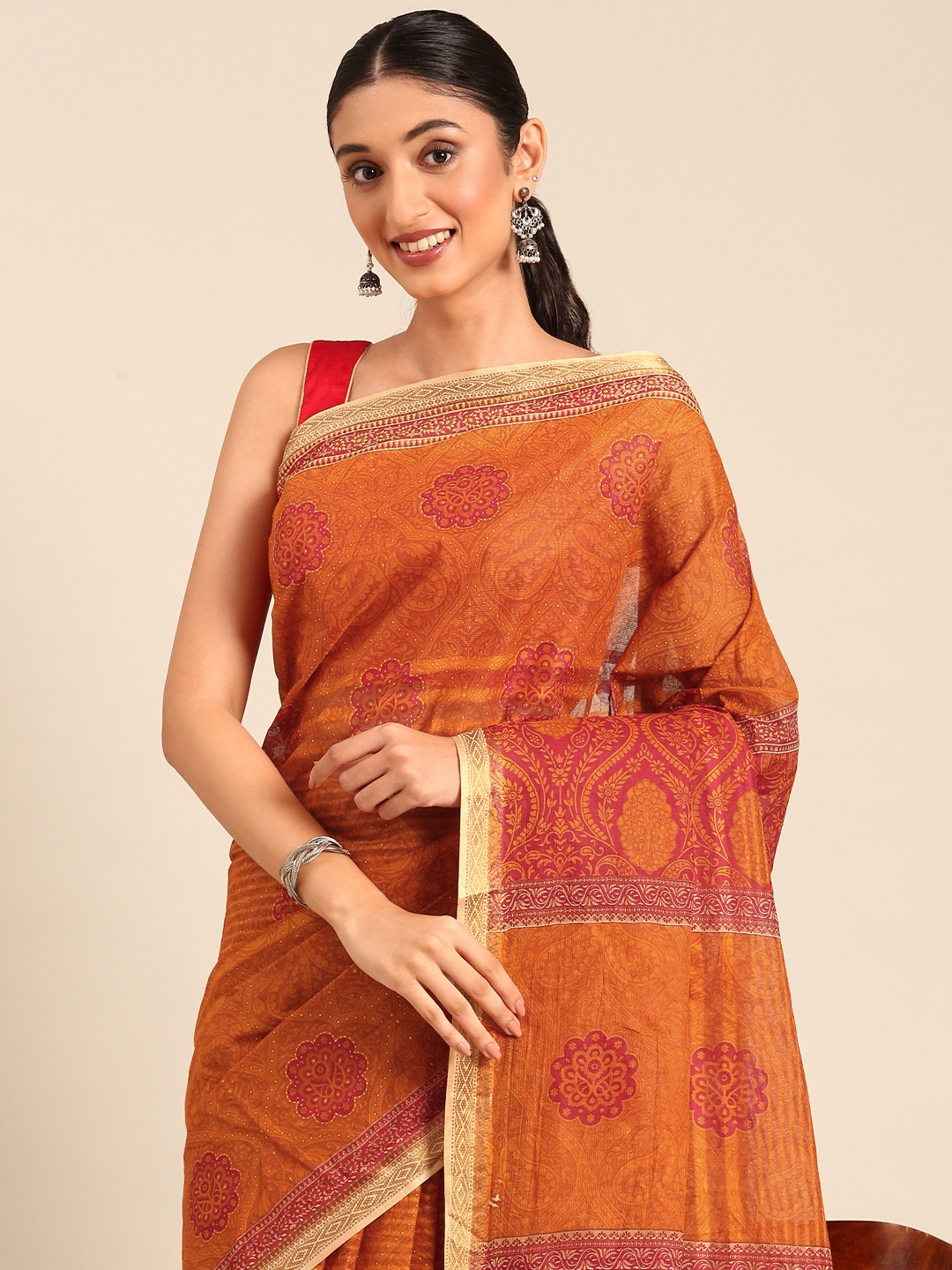 

SHANVIKA Paisley Printed Zari Pure Cotton Saree, Rust