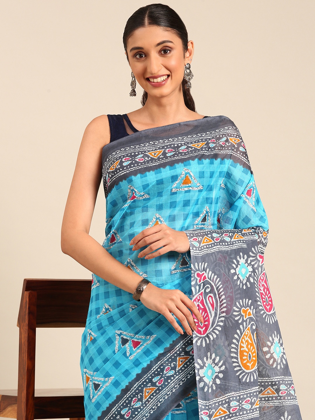 

SHANVIKA Geometric Printed Pure Cotton Saree, Blue