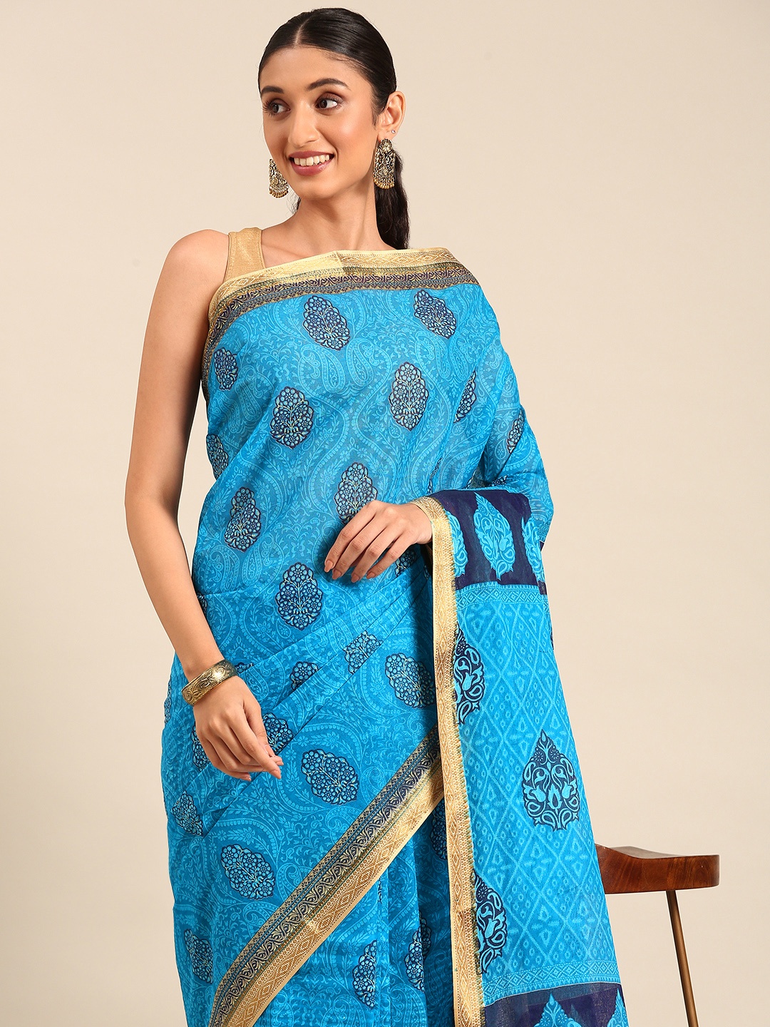 

SHANVIKA Paisley Printed Zari Pure Cotton Saree, Blue