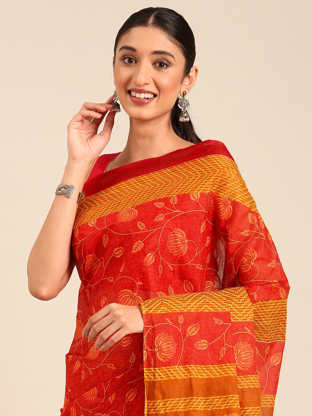 

SHANVIKA Floral Pure Cotton Saree, Red
