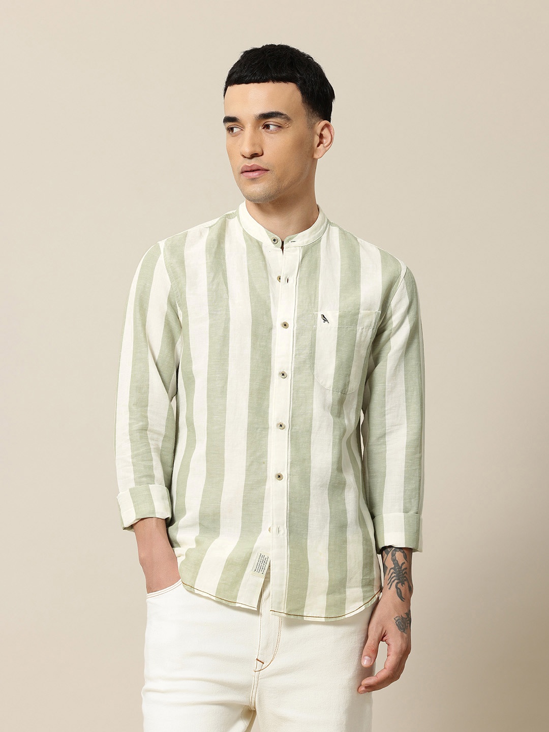 

Mr Bowerbird Men Premium Tailored Fit Striped Linen Cotton Casual Shirt, Olive