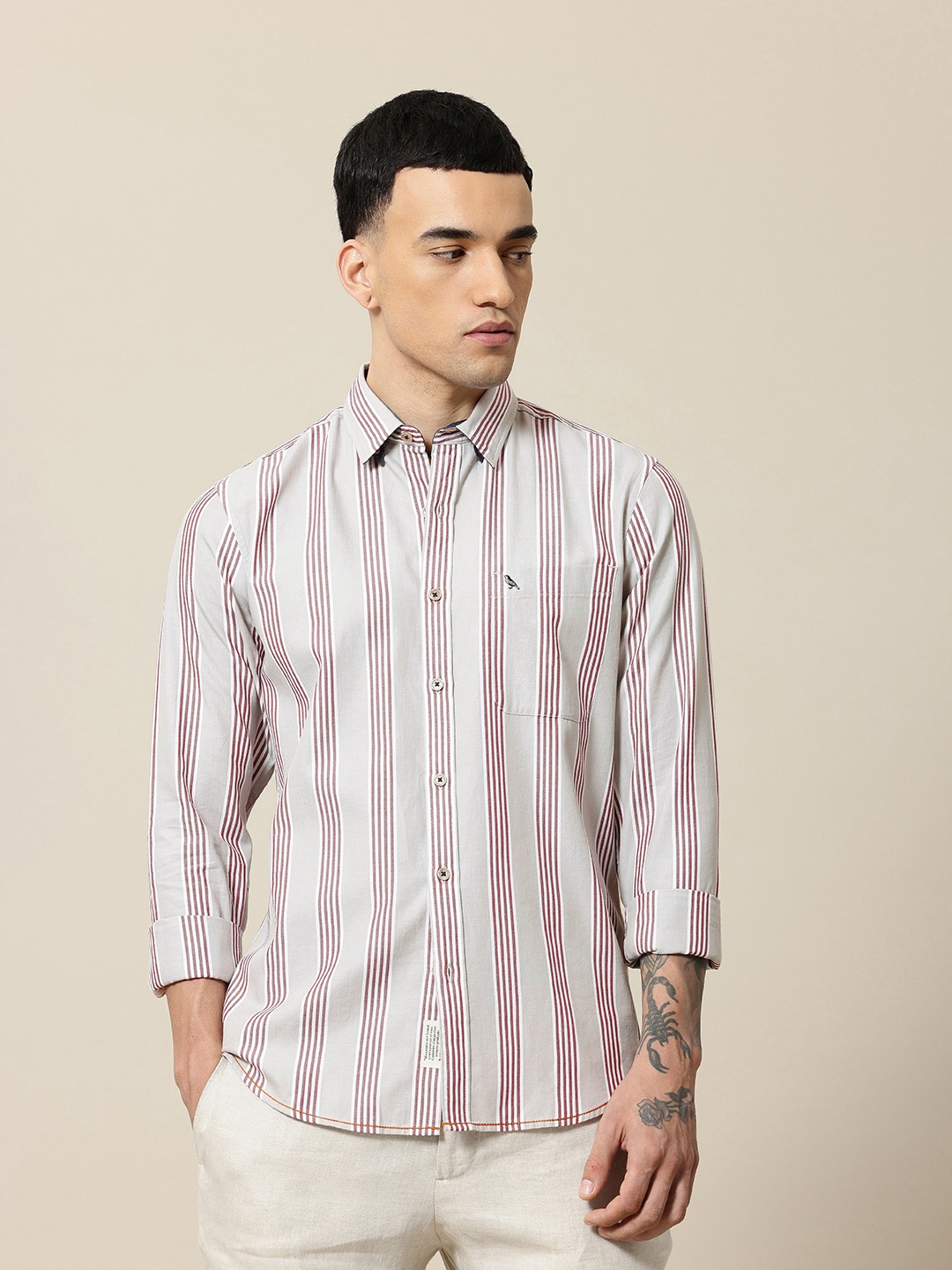 

Mr Bowerbird Men Premium Tailored Fit Pure Cotton Striped Casual Shirt, Grey