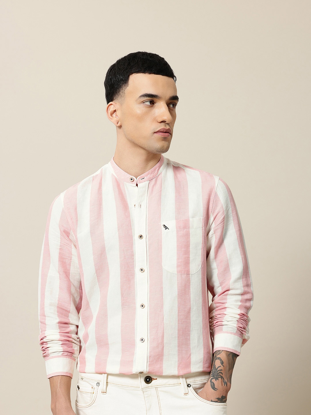 

Mr Bowerbird Men Premium Tailored Fit Striped Linen Cotton Casual Shirt, Pink