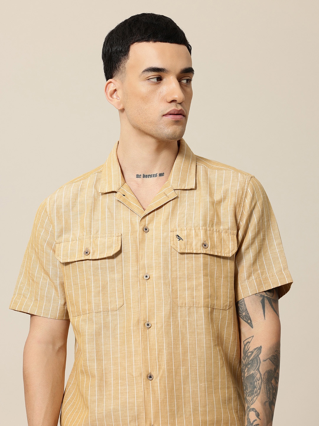

Mr Bowerbird Men Premium Linen Cotton Striped Shirt, Camel brown