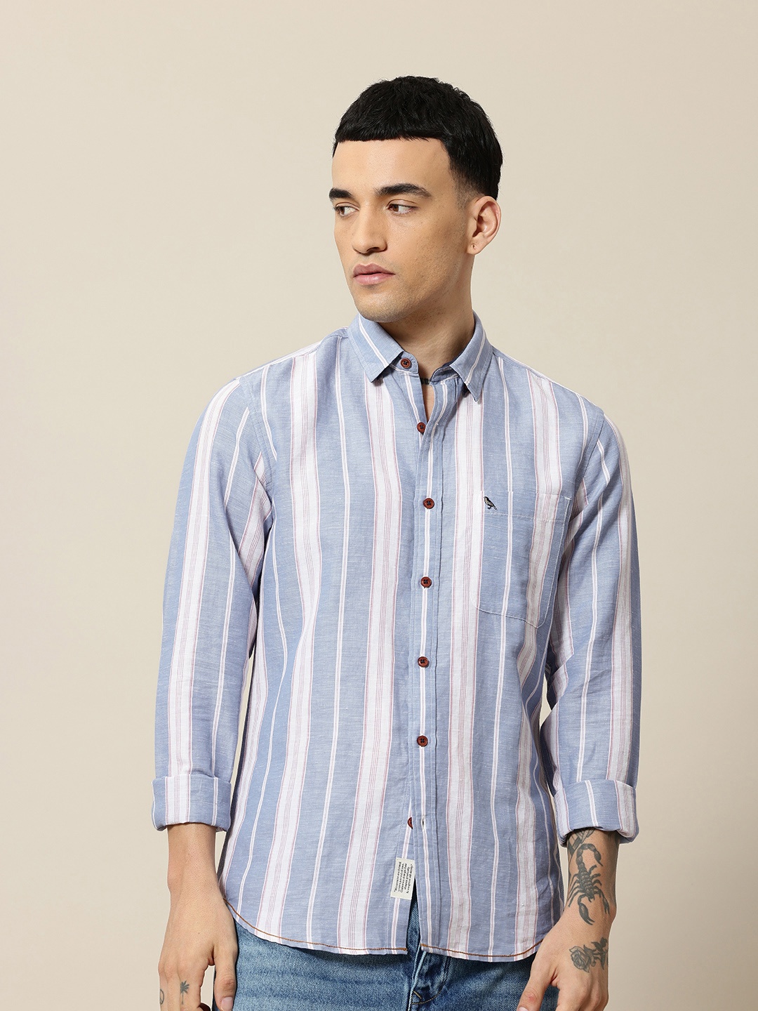 

Mr Bowerbird Men Premium Tailored Fit Striped Linen Cotton Casual Shirt, Navy blue