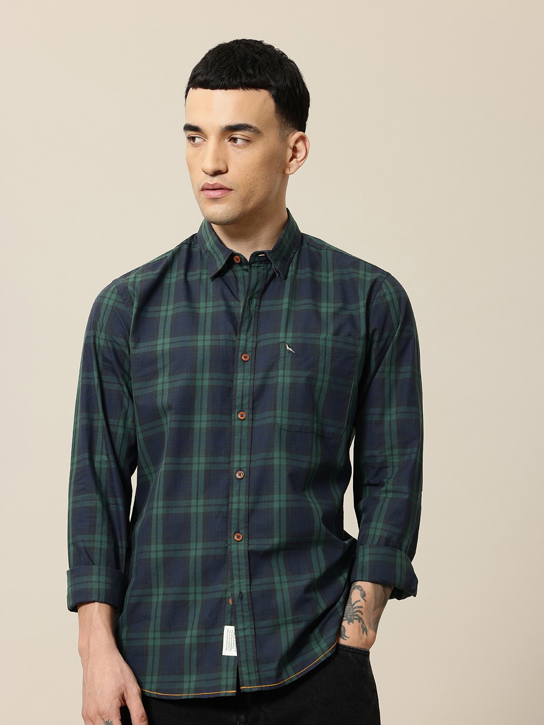 

Mr Bowerbird Men Premium Checked Pure Cotton Casual Shirt, Navy blue