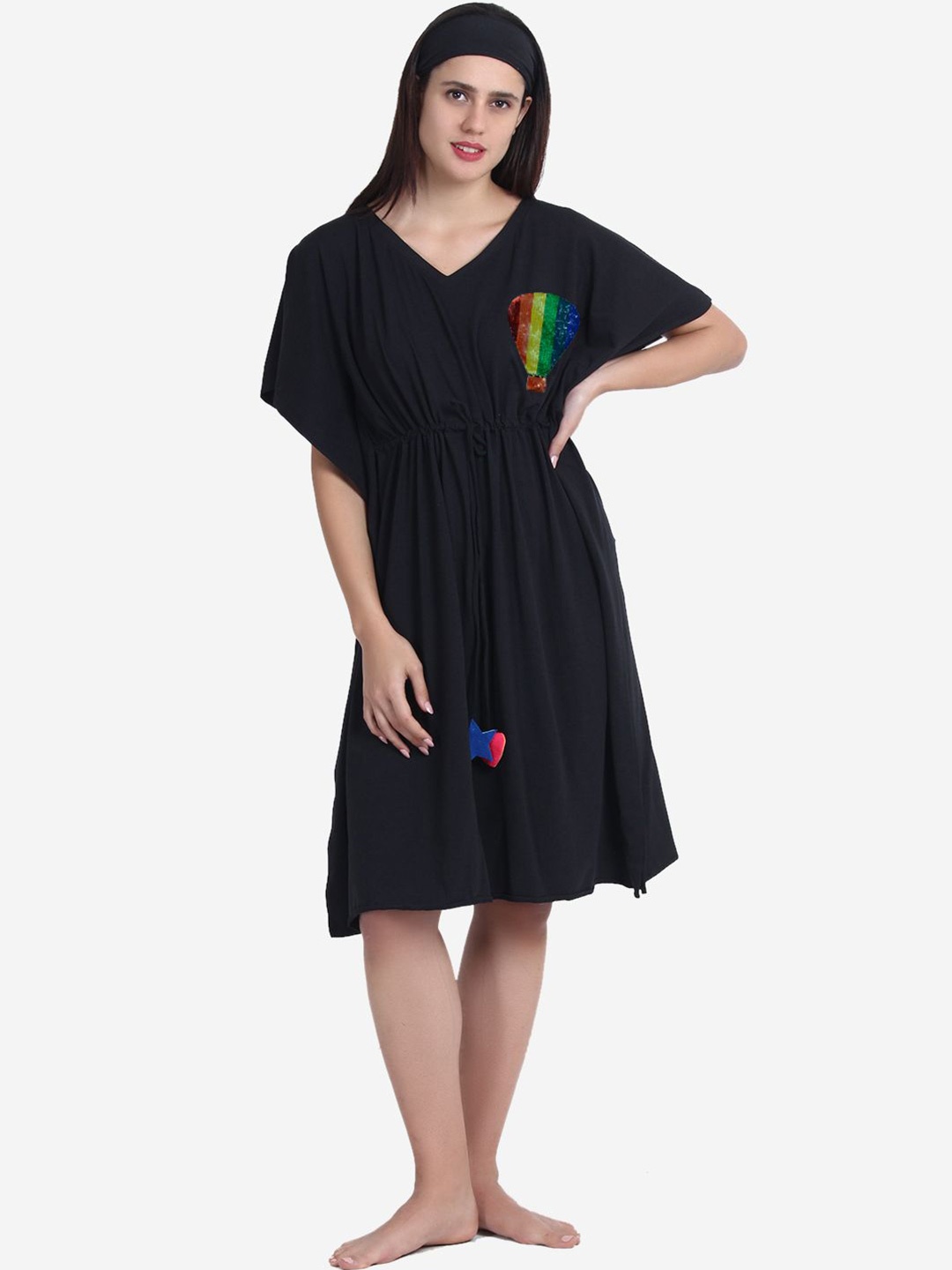 

Beau Design Embroidered V-Neck Short Sleeves Knee Length Pure Cotton Kaftan Nightdress, Black