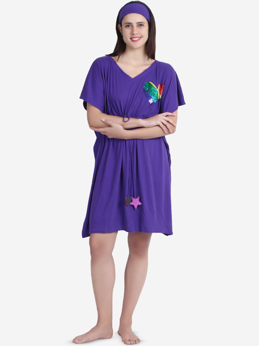 

Beau Design Embroidered V-Neck Short Sleeves Knee Length Pure Cotton Kaftan Nightdress, Purple
