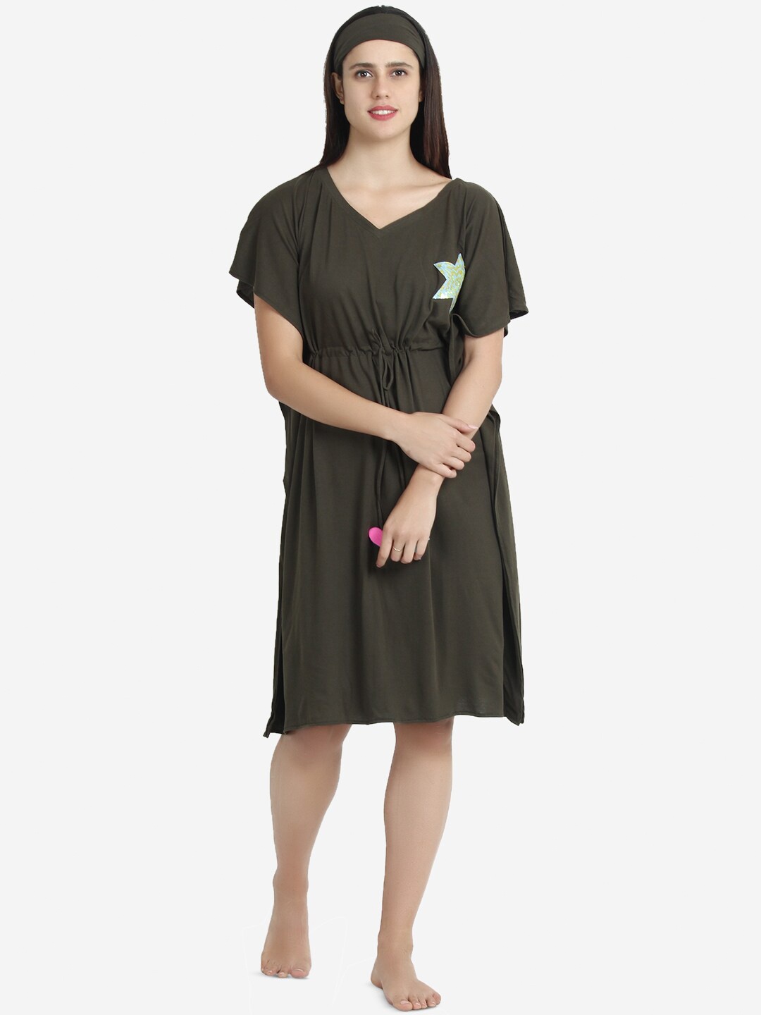 

Beau Design Embroidered Pure Cotton Kaftan Nightdress, Olive
