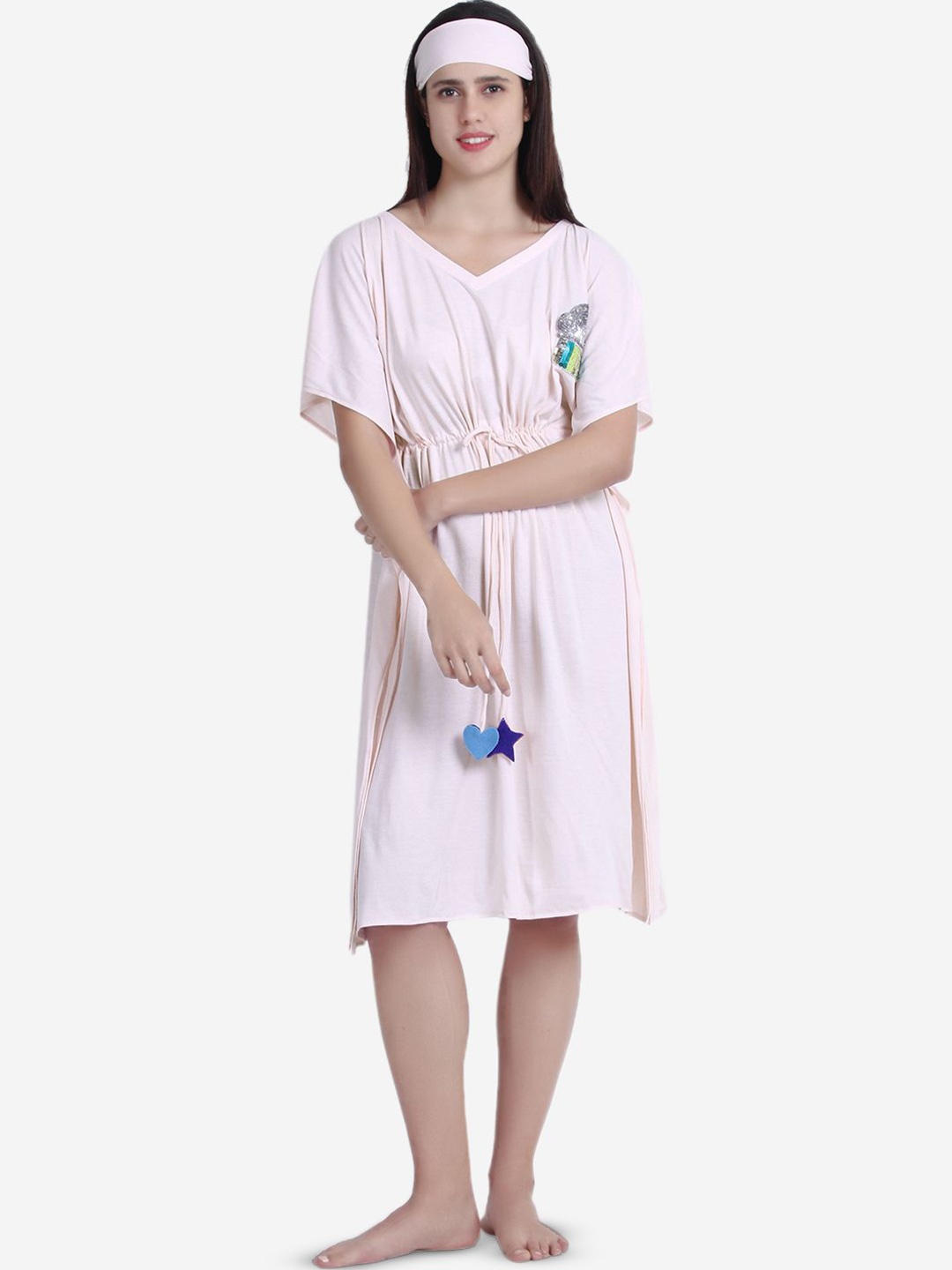 

Beau Design Embroidered V-Neck Short Sleeves Knee Length Pure Cotton Kaftan Nightdress, Pink
