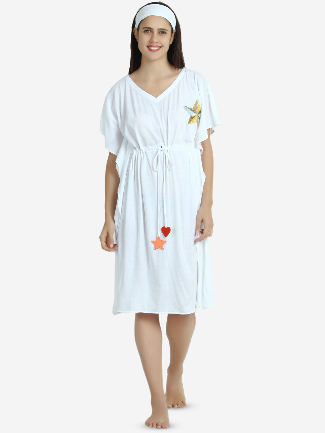 

Beau Design Embroidered V-Neck Short Sleeves Knee Length Pure Cotton Kaftan Nightdress, White