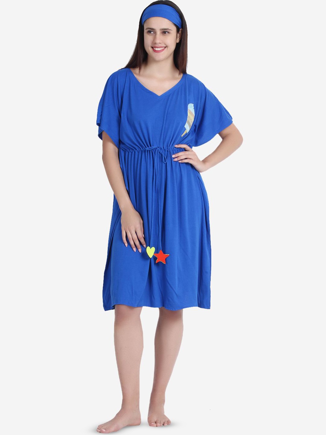 

Beau Design Embroidered V-Neck Short Sleeves Knee Length Pure Cotton Kaftan Nightdress, Blue