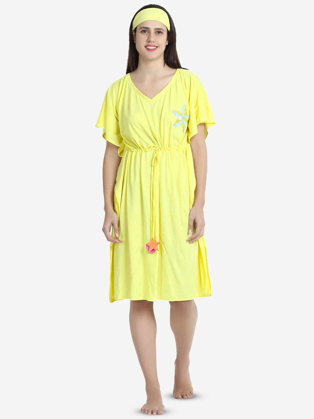 

Beau Design Embroidered V-Neck Short Sleeves Knee Length Pure Cotton Kaftan Nightdress, Yellow