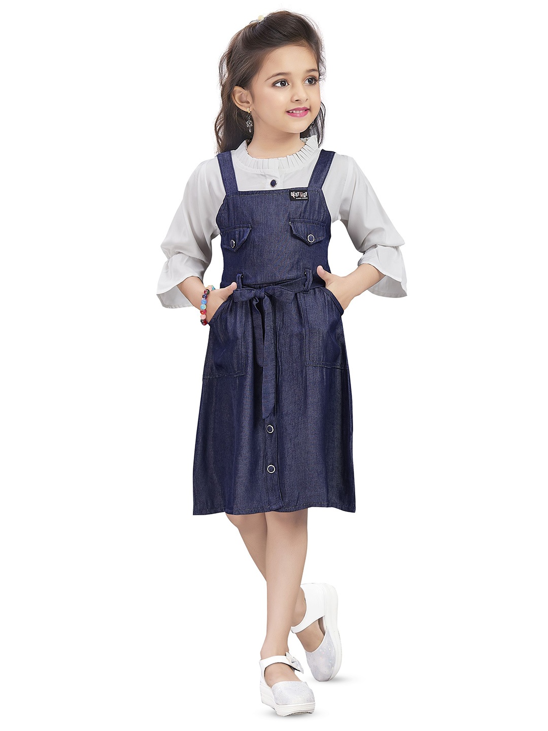 

Wish Karo Girls Shoulder Straps Crepe Pinafore Dress With Top, Navy blue
