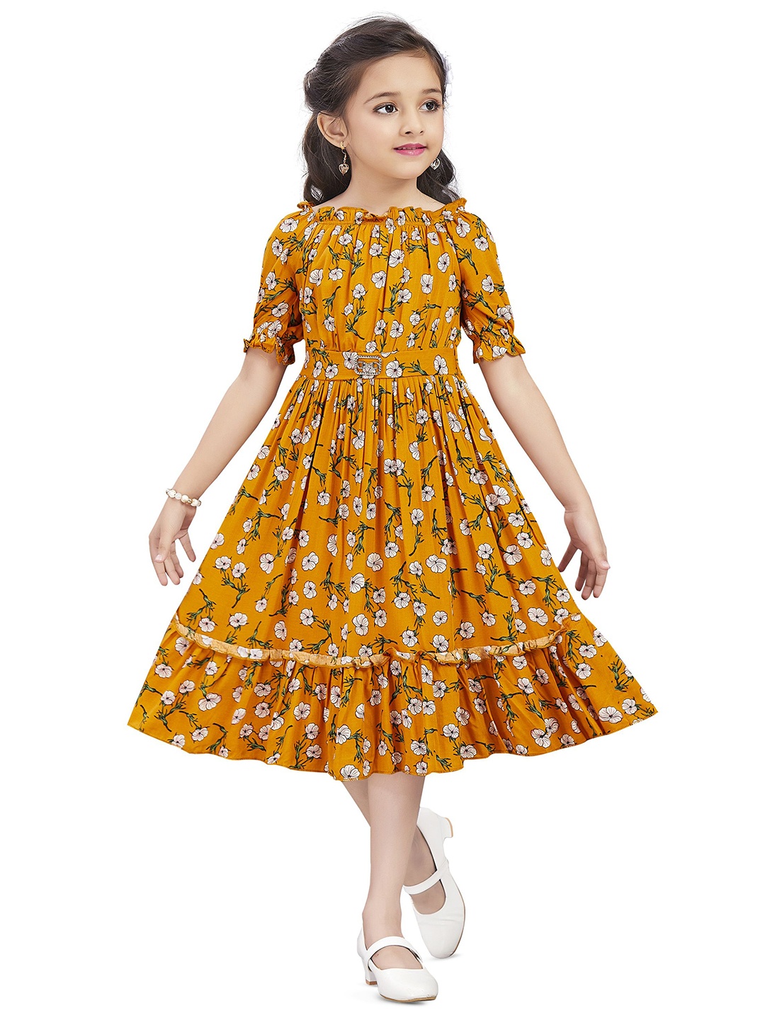 

Wish Karo Floral Printed Puff Sleeves Crepe Fit & Flare Midi Dress, Mustard