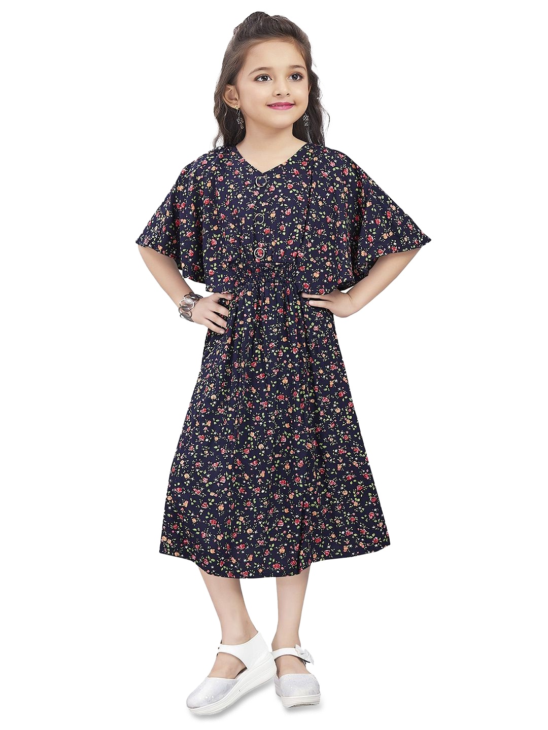 

Wish Karo Girls Floral Printed V-Neck Extended Sleeves Crepe Fit & Flare Midi Dress, Navy blue