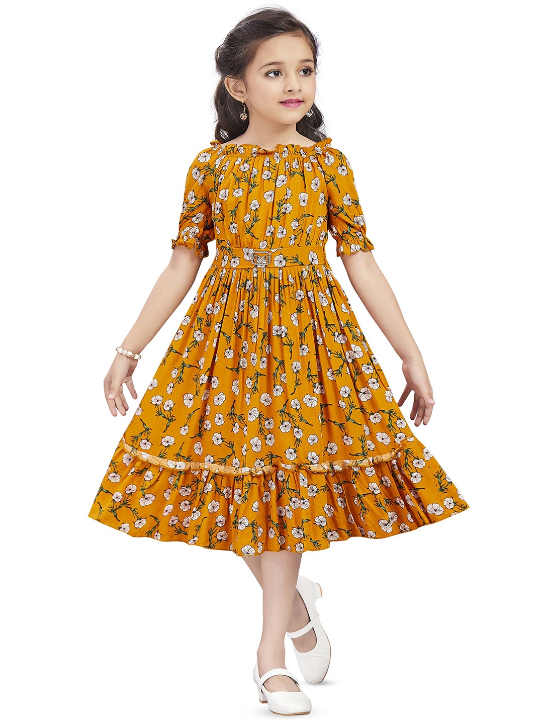 

Wish Karo Girls Floral Printed Puff Sleeves Gathered Crepe Midi Fit & Flare Dress, Mustard