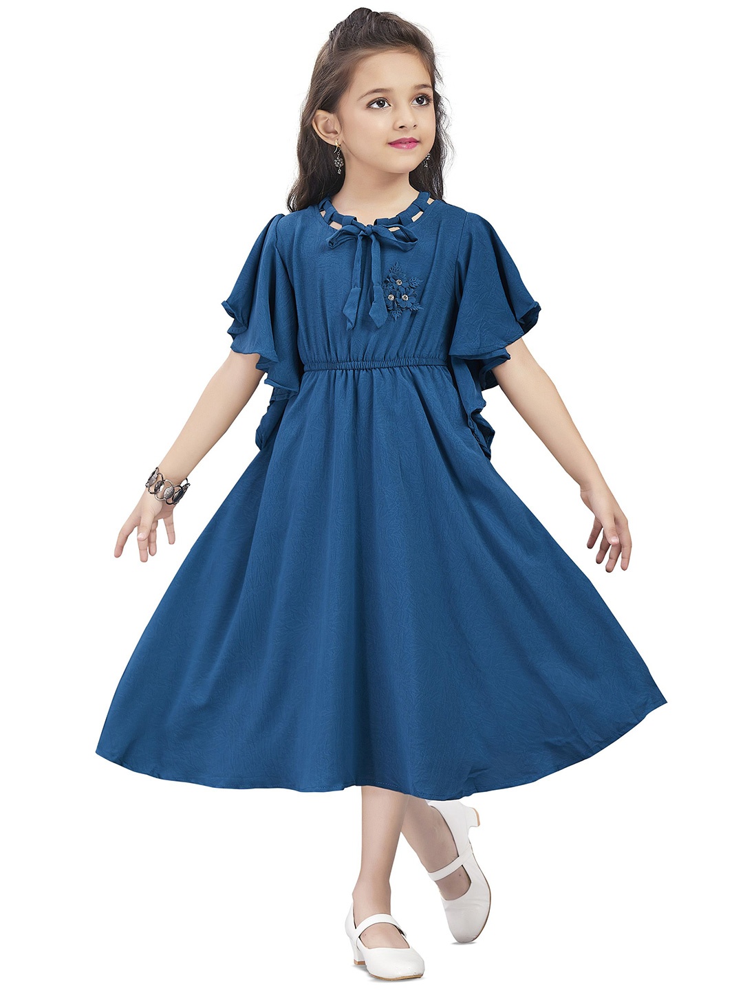 

Wish Karo Girls Tie-Up Neck Fit & Flare Midi Dress, Blue