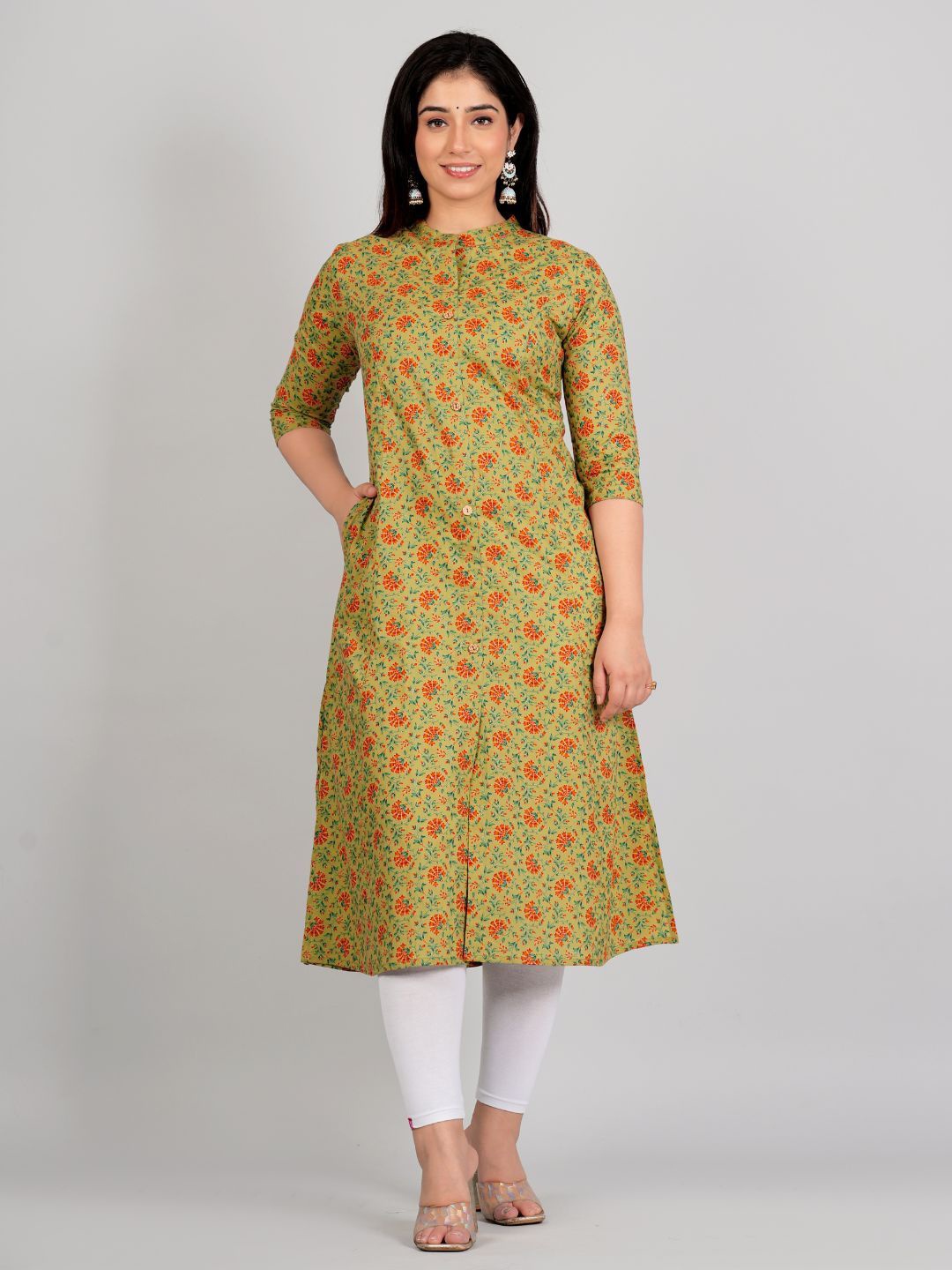 

P3D CREATION Mandarin Collar Floral Printed Cotton Kurta, Green