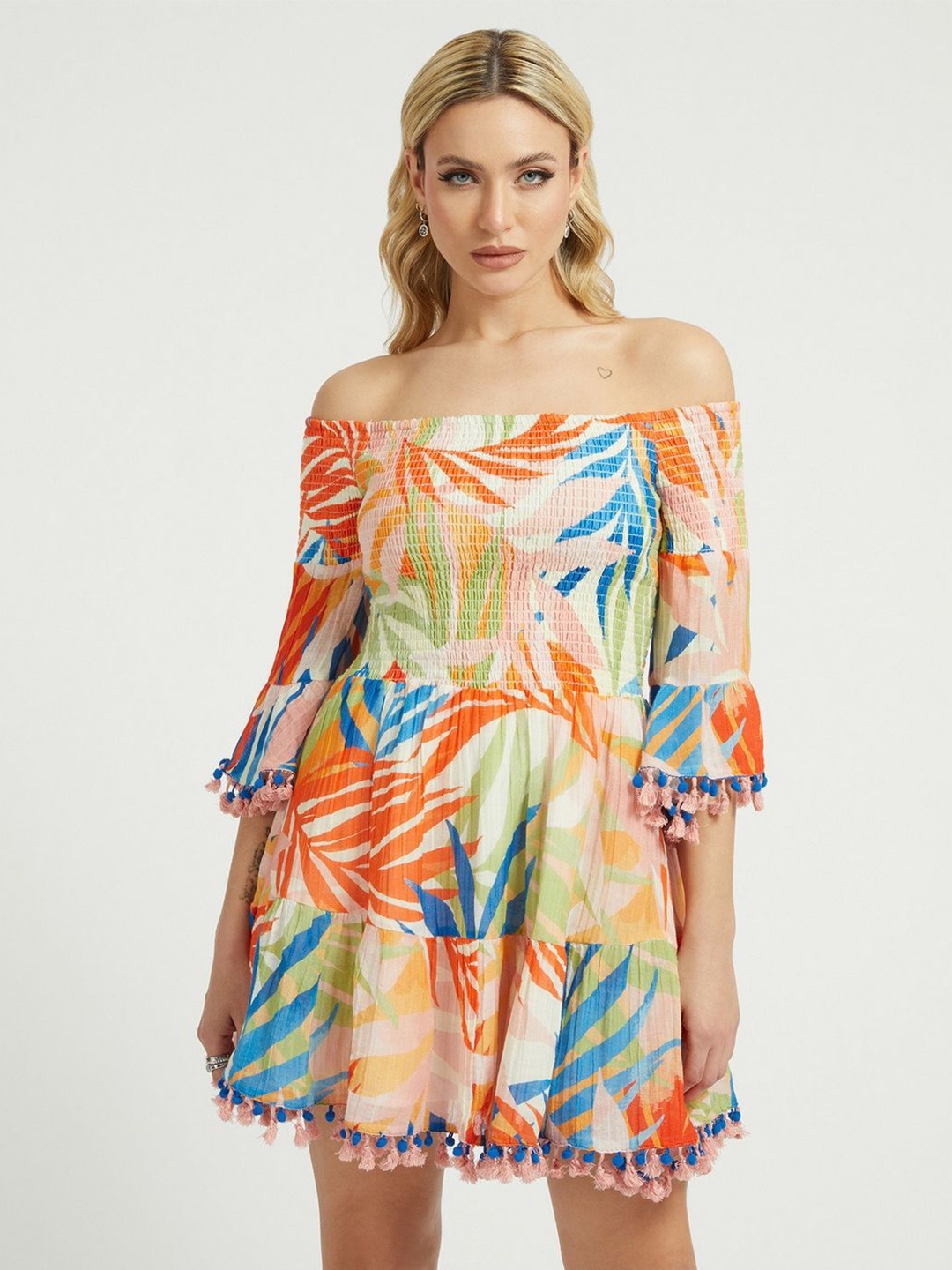 

GUESS Women Tropical Print Off-Shoulder Bell Sleeve A-Line Dress, Multi