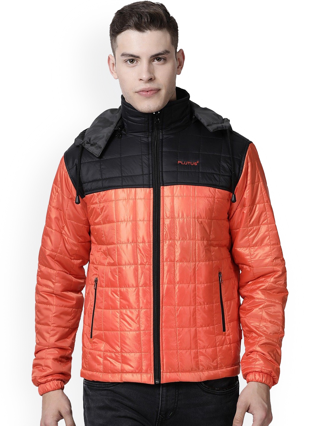 

Plutus Colourblocked Hooded Quilted Jacket, Orange