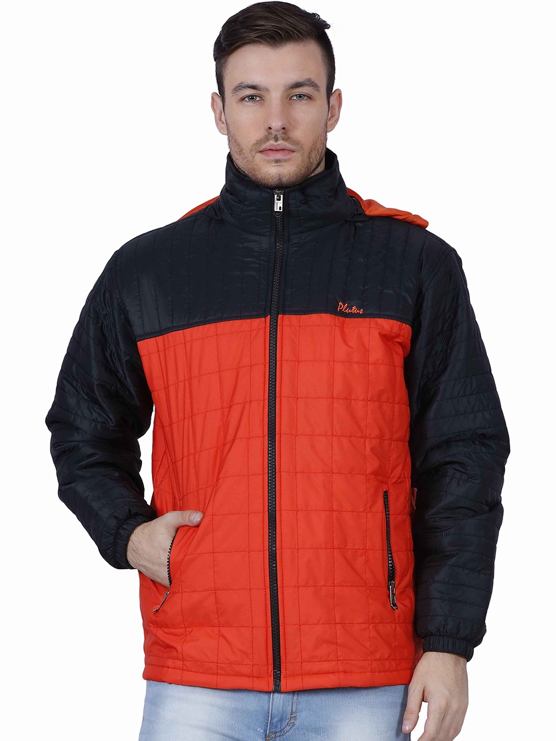 

Plutus Colourblocked Mock Collar Puffer Jacket, Orange