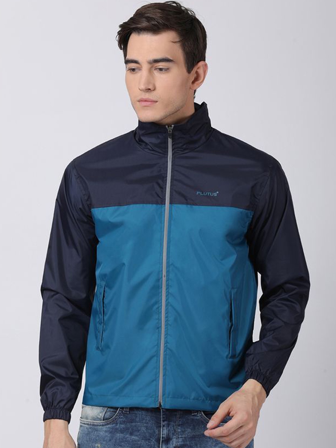 Plutus Colourblocked Mock Collar Windcheater Sporty Jacket, Blue