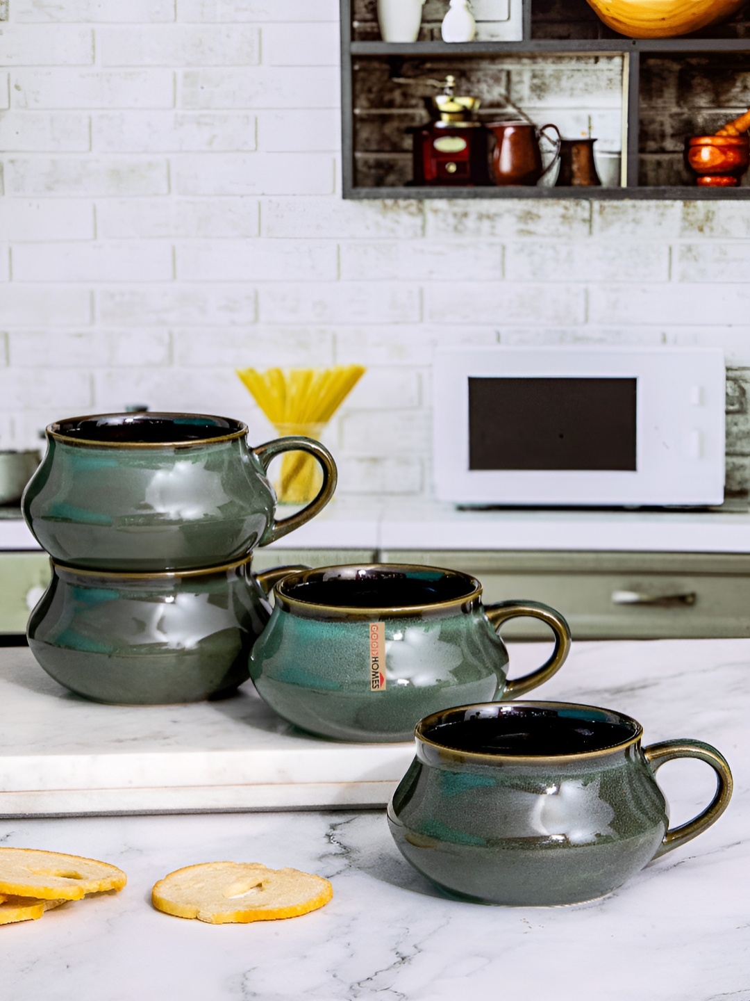 

Aura Green 4Pcs Ceramic Glossy Dishwasher Safe Cups 240ml Each