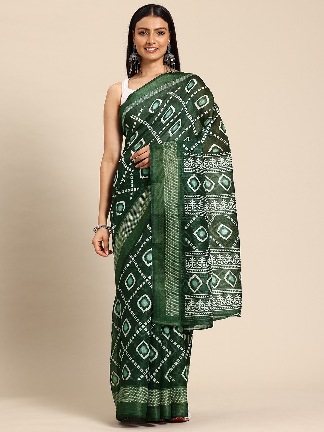 

HERE&NOW Bandhani Printed Zari Saree, Green