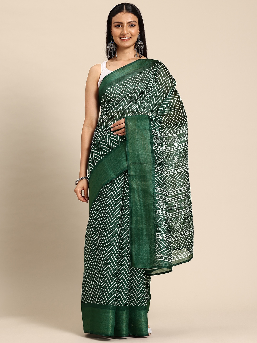

HERE&NOW Geometric Printed Zari Saree, Green